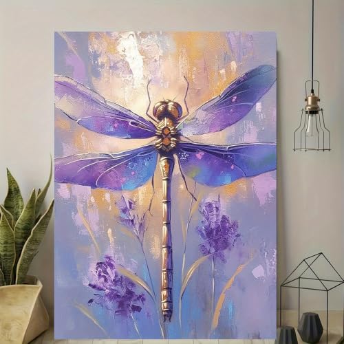 Elegante lienzo floral de libélula morada moderna en formato 40x50cm 4