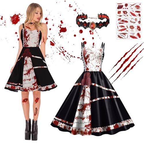 DAZZTIME Halloween Kleidung mit blutigem Aufdruck,Kleid mit Blutigem Aufdruck,Blutspritzer-Halloween-Kleid,Gotisch Kleidkostüm Erwachsene,für...