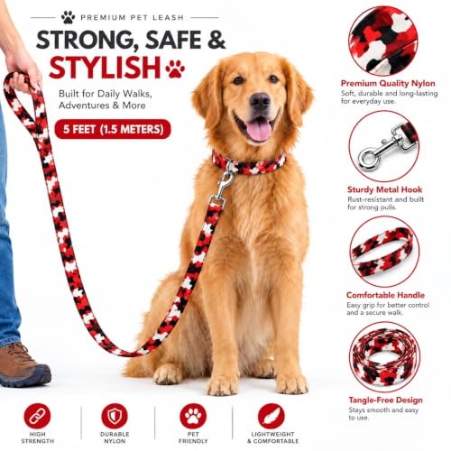 Image of Premium Dog Leash - Extra Strong & Durable Nylon, 5 Feet (1.5M), Reinforced Stitching, Sturdy Metal Hook & Comfortable Grip for Safe Walking, Running, Training and Outdoor Adventures