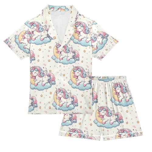 ALAZA Cute Unicorn Sleep Moon Pajamas Satin Pajama Set Short Sleeve Button Down Sleepwear