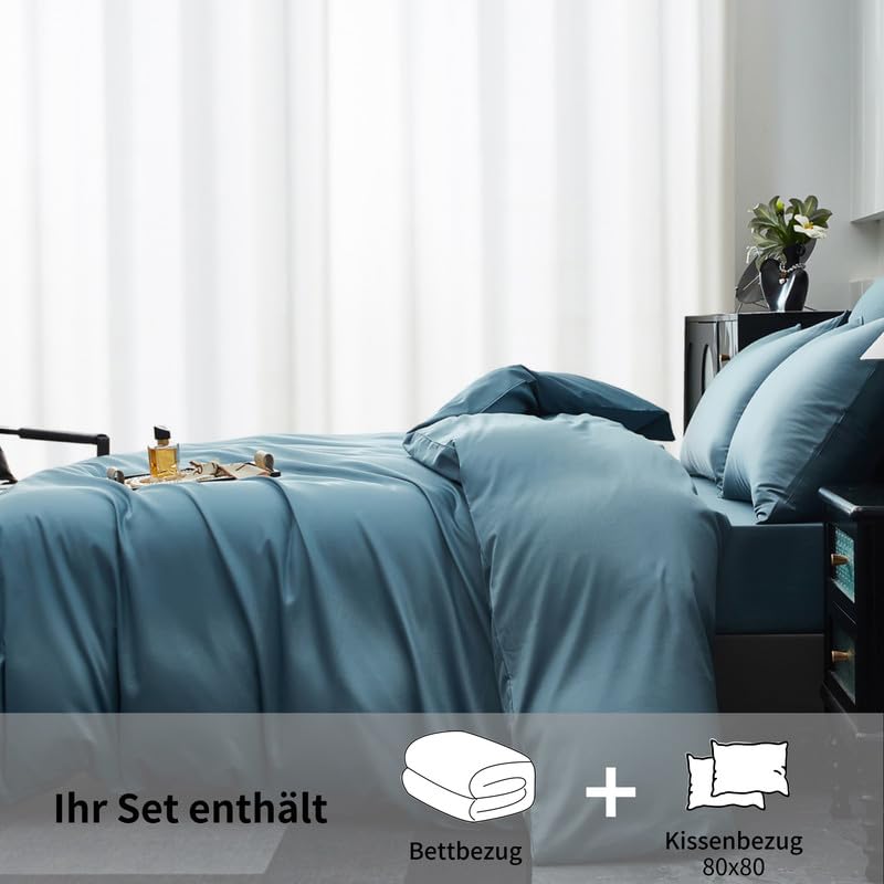 Gezu Mako Satin Bettwäsche 155x220cm Baumwollesatin Bettbezug Blau Petrol 3 Teilig Weich Atmungsaktiv Bettwäsche aus 100% Baumwolle Bettbezug 155x220cm und 2 Kissenbezug 80x80 mit Reißverschluss
