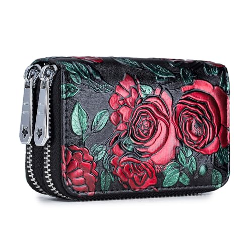 Women's Leather Wallet RFID Blocking Large Capacity Double Zip Floral Hand Painted Embossed Clutch Purse