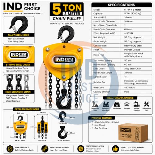 Image of 5 Ton Manual Chain Pulley Block, 3 Meter Lift Height, Standard Series, Heavy Duty Chain Hoist with Safety Hook for Industrial, Construction & Warehouse Use