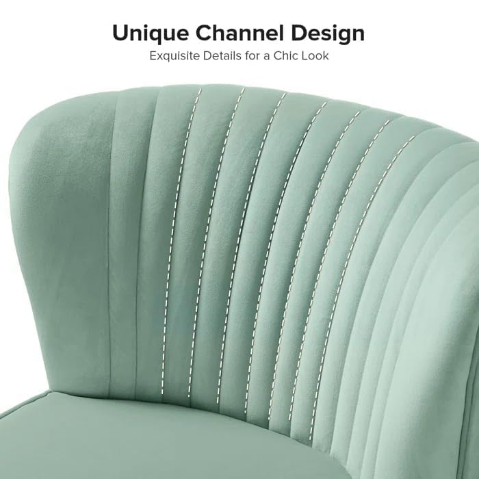 Image of Modern Upholstered Accent Velvet Chair Single Seater Channel Tufted Wing Back Chair with Golden Matel Legs for Living Room, Bedroom, Dining Room, Saga