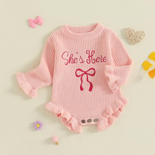 Baby Girl Sweater Romper She's Here Chunky Knit Jumper Ruffle Bodysuit Cute Newborn Fall Winter Clothes Announcement4