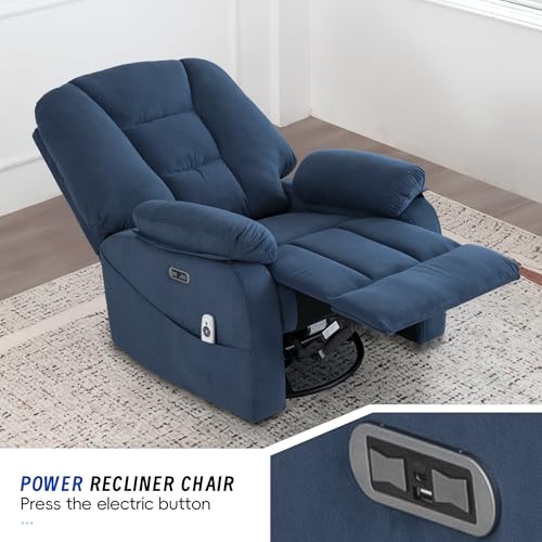 Image of Power Swivel Rocker Recliner Chair for Adults, Electric Rocking Recliner with Massage and Heat for Living Room Bedroom, Fabric Reclining Sofa Chair with USB and Type-C Ports,Navy Blue