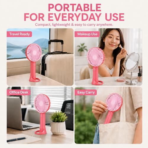 Image of TEQO Rechargeable Hand Fan 4800 RPM High Speed | 1200mAh Battery, Up to 6 Hours Runtime | Portable USB Fan with Mobile Stand & RGB Light | 3 Speed Personal Mini Fan for Travel, Makeup (Raspberry)