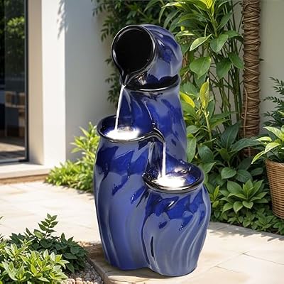 Ultym 29" Ceramic Water Fountain Outdoor, 4-Tier LED Cascading Waterfall