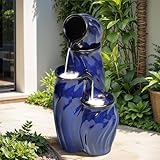 Ultym 29' Tall Ceramic Water Fountain Outdoor with LED Lights, 4-Tier Cascading Waterfall Garden Fountain, Ideal for Serene Relaxing Patio, Yard or Porch, Cobalt Blue Glaze, Dynamic Wave-Texture
