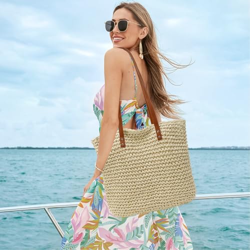 Image of Straw Beach Bags for Women - Woven Tote Bag Large Shoulder Handbags Summer Boho Straw Purse for Vacation