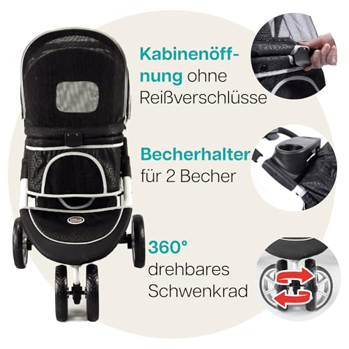Katzenbuggy, Hundewagen mit Regenschutz, einhändig klappbar – Innopet Hundebuggy Monaco schwarz mit Klickverschluss – herausnehmbarer Korb unten – 360° schwenkbares Vorderrad - Hundewagen