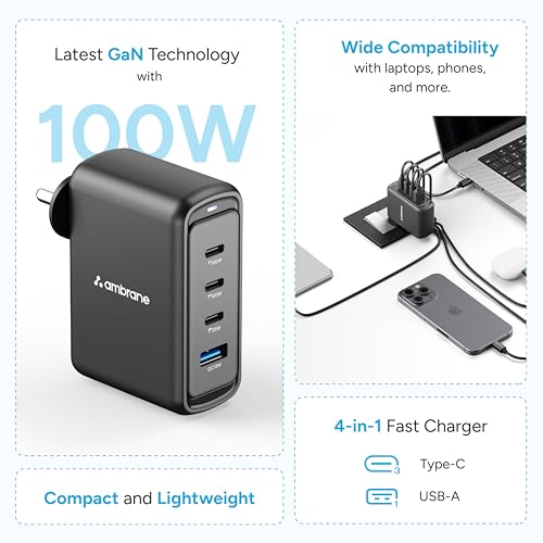 Image of Ambrane 100W GaN Charger: Fast Charging Adapter with 4 Ports (3 USB-C + 1 USB-A), PD Support, iPhone 0-50% in Minutes, Compatible with All iPhones, Android Phones, Laptops & MacBooks (charge100 Black)
