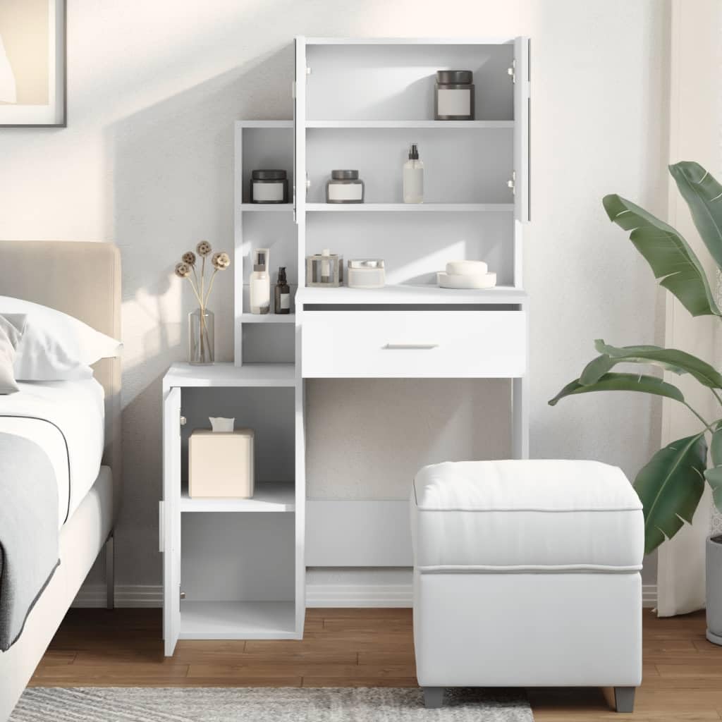 Schminktisch mit Schrank Weiß 80x35x132 cm aus Holzwerkstoff mit Spiegel und Schublade, Stauraum und Ablage für Schlafzimmer, Jugendzimmer und Make-up Styling