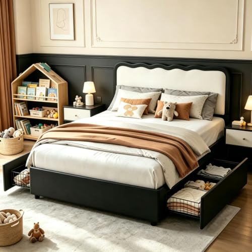 Image of Garvee Irregular Wave LED 2-Drawer Soft Upholstered Bed, Soft Padding