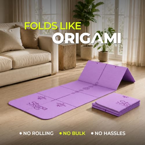 Image of Stoga Origami Foldable 6mm Yoga Mat | Non-Slip | Mat for Men & Women | Lightweight, Sweat-Resistant, Eco-Friendly TPE Mats with Carry Strap | Best Yoga Mat for Home, Travel & Gym (Purple)