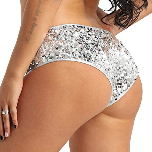 Msemis Woman's Lady Sequin Booty Shorts Shiny Low Rise Dance Mini Shorts Underwear Clubwear Silver Large (Waist 29.0''-35.5") #TOP3