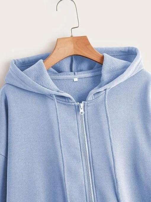 Image of Casual Solid Full Sleeves Stylish Winter Hooded Neck Fleece Zipper Hoodie for Women
