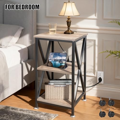 End Tables Living Room Set of 2, Square End Table with Charging Station, 16" D X 16" W X 28" H, Wood and Metal Table with USB Ports and Outlets, Side Table with Wheels for Living Room, Bedroom, Grey by TooCust - Used condition - Image 8