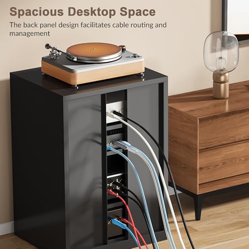WOOW DEPOT Metal Media Cabinet, 4-Tier Stereo Cabinet with 13-Color LED Lights & Glass Doors, Adjustable Shelves Audio AV Rack with Cable Management, Black - Thumbnail 6