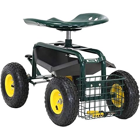 Kinsunny Rolling Scooter Garden Stool Cart with Tool Storage Basket & Swivel Seat Heavy Duty Gardening Planting Cover