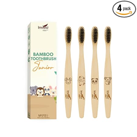 Imvelo Bamboo Toothbrush for Kids (Pack of 4) with Charcoal Activated Soft Bristles Natural, Biodegradable & Compostable Wooden/Bamboo Toothbrush
