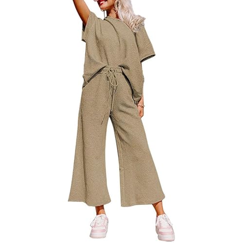 SHEWIN Women's 2 Piece Outfits Sweatsuit Casual Short Sleeve Pullover Tops and Drawstring Wide Leg Pants Lounge Sets