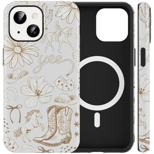 Coque iPhone 15 Plus MagSafe western bohème à motif de bottes de cowboy et nœud chic