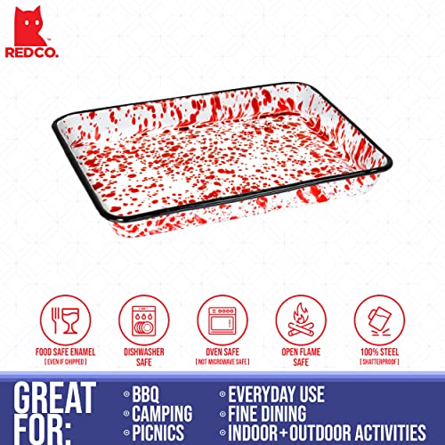 Red-Co-11-x-9-Enamelware-Metal-Classic-2-Quart-Rectangular-Serving-Tray-Red-MarbleBlack-Rim-Splatter-Design Red Co 11 x 9 Enamelware Metal Classic 2 Quart Rectangular Serving Tray Red MarbleBlack Rim Splatter Design