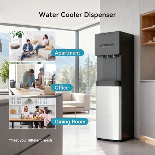 Image of EUHOMY Self Cleaning Bottom Loading Water Cooler Dispenser, 3 Temperatures (Cold, Warm, Hot), Child Safety Lock, LED Indicator Light, Water Dispenser for Home, Apartment, Office, Black