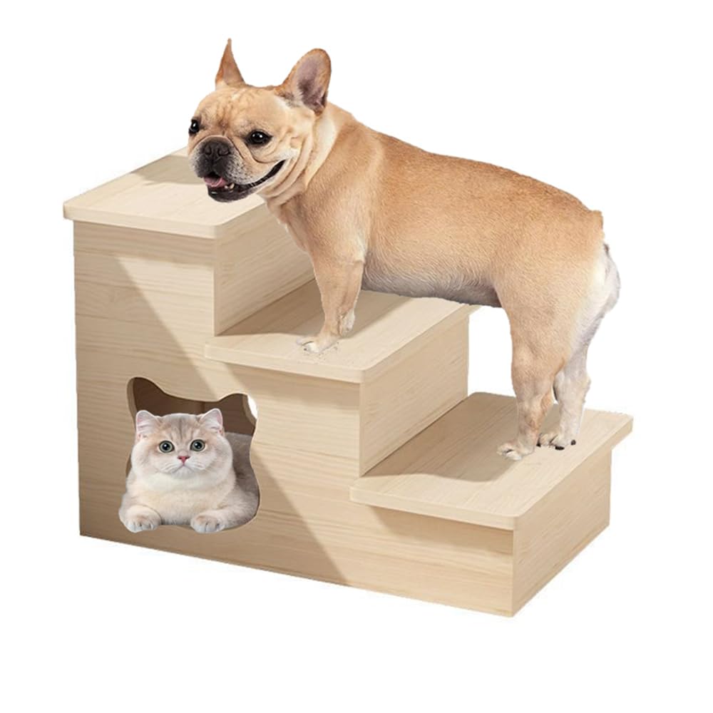 Dog Stairs, Cat Ladder with Cave, Wooden Pet Ladder, 60 cm Height for Small Dogs, for Small and Older Animals