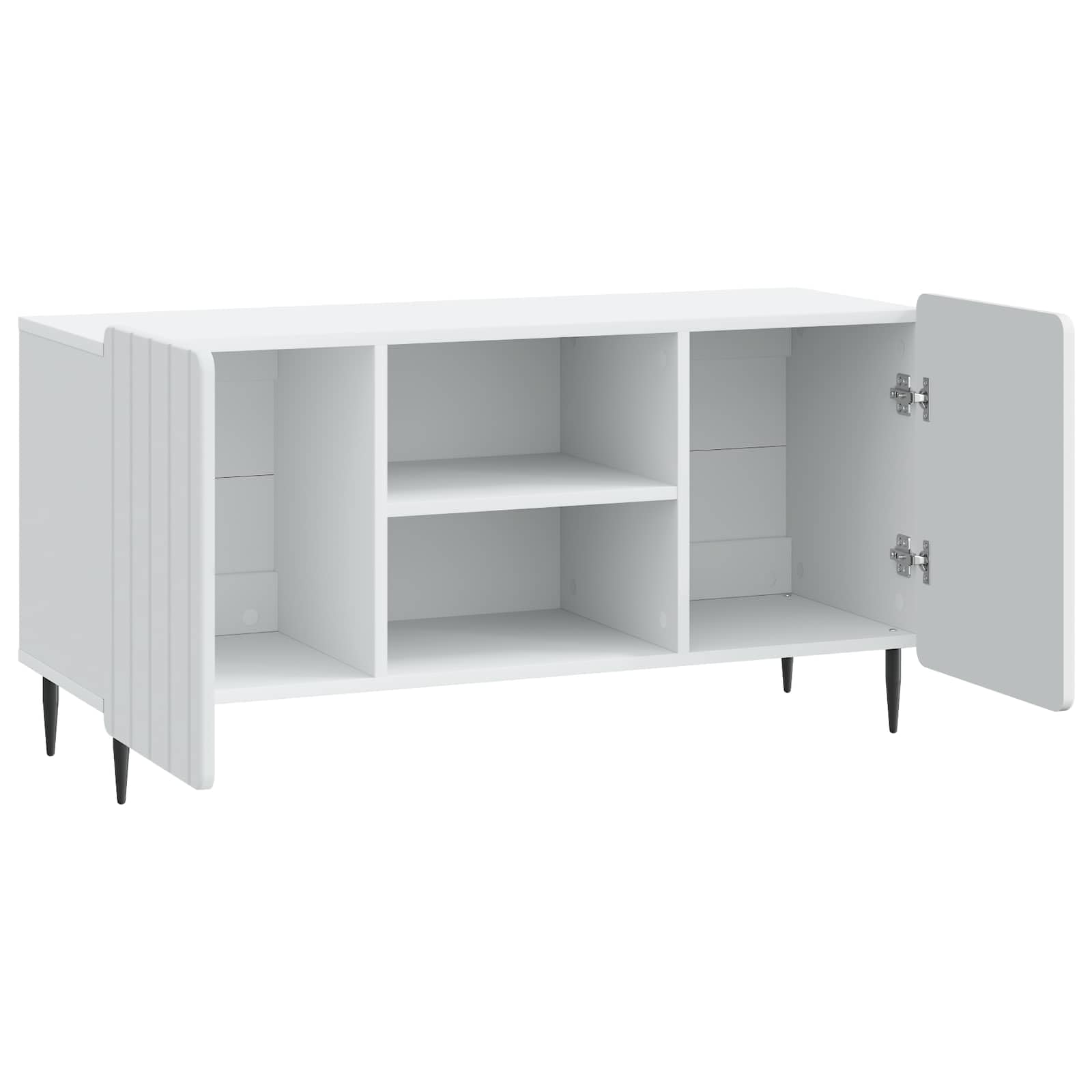 TV-Schränk Weiß aus Holzwerkstoff 102 x 34,5 x 52 cm mit 90° Schwenktüren und Stahlbeinen, modernes Sideboard mit Stauraum für Wohnzimmer, Medienkonsole, HiFi Rack und Gaming Zubehör