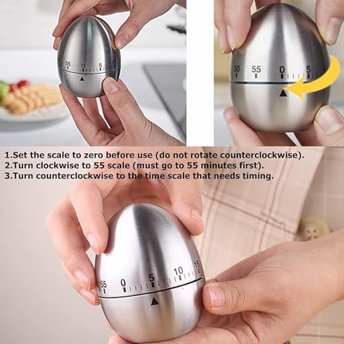 Image of Mechanical Egg-Shaped Kitchen Timer 60-Minute Countdown - Stainless Steel Cooking Alarm, Manual Wind-Up, Loud Ring Reminder for Baking & Cooking