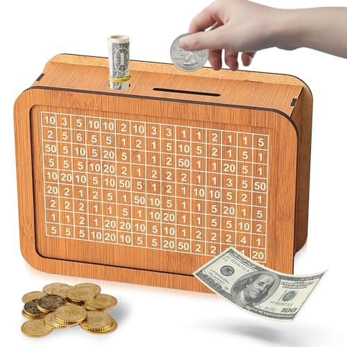 Salvadanaio in legno con contatore, salvadanaio, salvadanaio con obiettivo di risparmio e numeri, riutilizzabile per bambini, obiettivo di risparmio (1000)