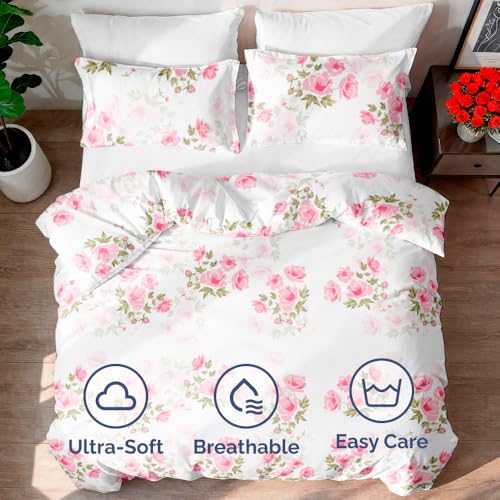 Image of Duvet Cover King Size Set - Extra Soft Floral Duvet Cover 104 x 90 with 2 Pillow Shams - Comfy, Breathable Floral Bedding Set - Hotel Luxury Easy-Care & Fade Free with Zipper Closures & Ties - Bloom