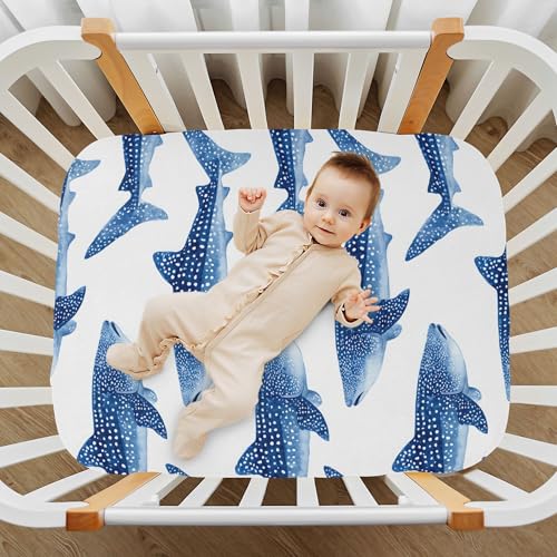Image of Ocean Whale Sharks White Crib Sheets Soft Breathable Fitted Baby Crib Sheets Mattress Cover for Girls Boys, 52 inch x 28 inch x 9 inch
