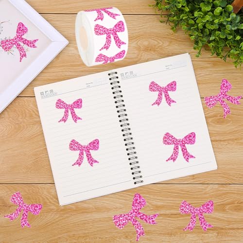 Image of 500Pcs Pink Bow Vinyl Stickers Roll 1.2in Glitter Valentines Stickers Sparkly Pink Bow Label Tag Self-Adhesive Classroom Reward Waterproof Decals for Bottle Birthday Party Decor