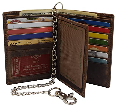MARSHAL Bifold Genuine Leather RFID Blocking Wallet For Men Card Slots, 2 Bill Compartments, ID Windows, Money, (Vintage Brown with Chain)2