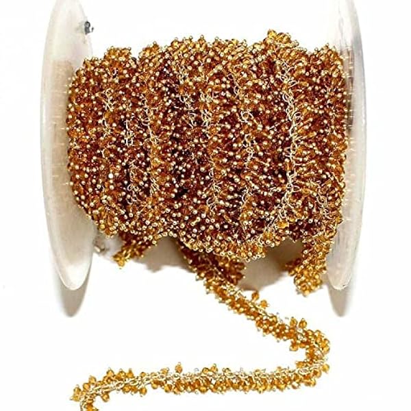 LKBEADS 36 inch long gem citrine 2mm rondelle shape faceted cut beads wire wrapped sterling silver plated cluster rosary chain for jewelry making / DIY jewelry crafts #Code - CLUROS-019