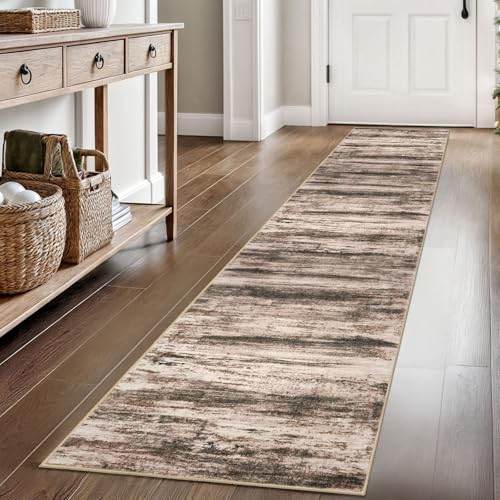 KOZYFLY Modern Abstract Kitchen Runner Rug, 2x8 Washable Rug Runner Non-Slip Soft Hallway Runner Rugs, Print Distressed Blush Brown Carpet Runner for Entryway Bathroom Laundry Room Foyer