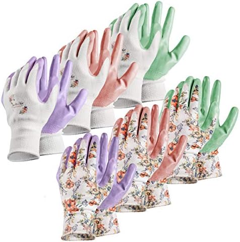 Jan & Matt Garden Collection Gardening Gloves for Women, Medium, Assorted 6-pack in Mint, Lavender, and Pink - Floral Polyester with Nitrile Palm Coating