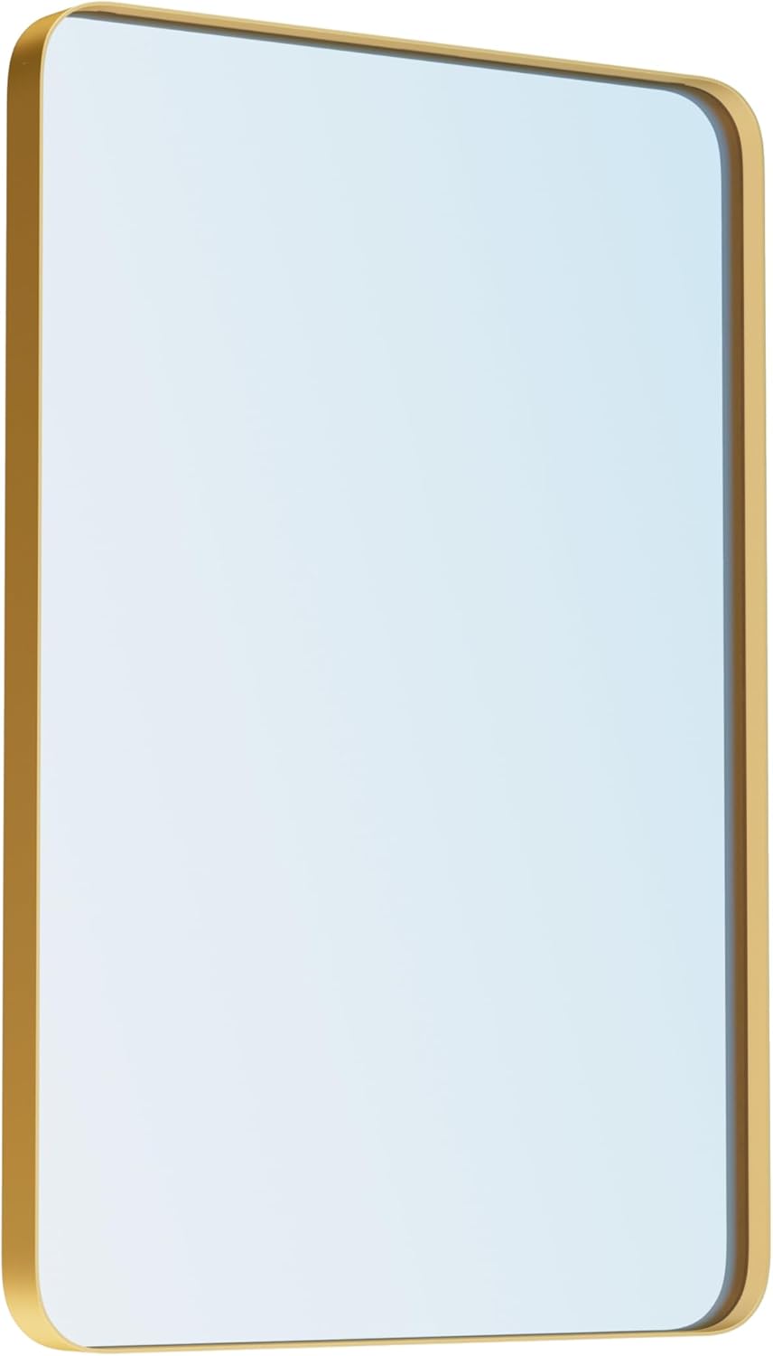 VocalStar 18 x 26 Inch Gold Bathroom Mirror for Wall, Metal Framed Rounded Rectangle Vanity Mirror, 1/4-inch Shatterproof Glass | Ultra-Flush Hanging Gold 26"L x 18"W