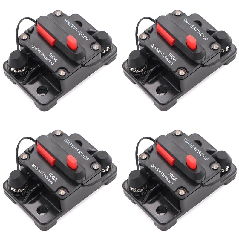 Rayne's World Disyuntor impermeable de 100 amperios (paquete de 4) de 12V-48V CC, reinicio manual, ideal para estéreo de automóvil, sistemas de