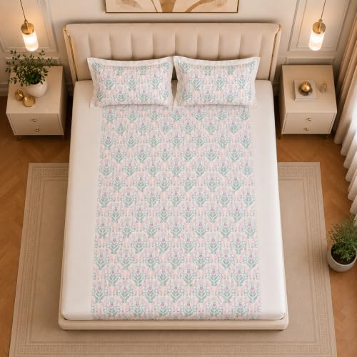 Image of Linen Home Cotton Percale Fitted Bedsheet Set Double Size Sequence Pink