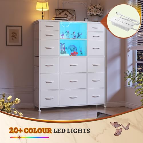 EnHomee 51" H White Dresser with 15 Drawers Dresser for Bedroom with Charging Station & LED Lights & Hutch Sturdy Bedroom Dressers, Steel Frame, Wood Top, 51.2" H x 39.3" W x 11.8" D