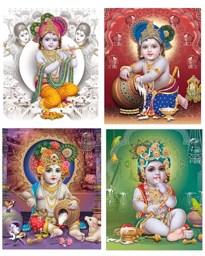Image of Baby Krishna photo for pregnant women Set of 4 A3 12x18 Inch - Bal Krishna Posters - Baby Krishna Wall Decor - Bal Gopal Poster for Pregnant Women - baby wallpaper for pregnant women - Sri Krishna Images
