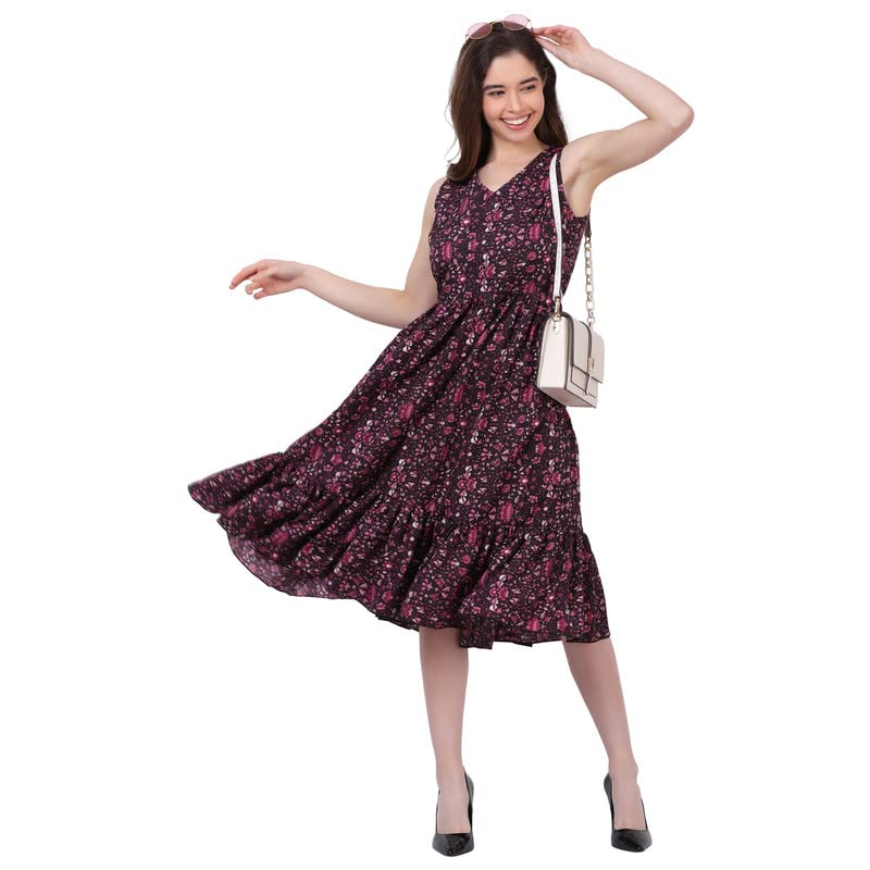 Image of Women's Crepe A-Line Knee Length Dress | Western Sleeveless Dress for Girls | Flared Frock | Frill Midi | Knee Gown