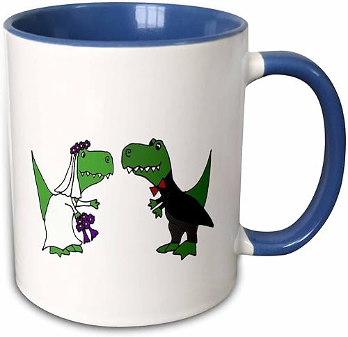 3dRose Funny Trex Dinosaurs Bride and Groom - Taza de arte de boda, 11 onzas, azulverde