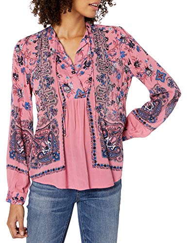 Lucky Brand Women s Scarf Paisley Popover Top, Pink Multi, XS