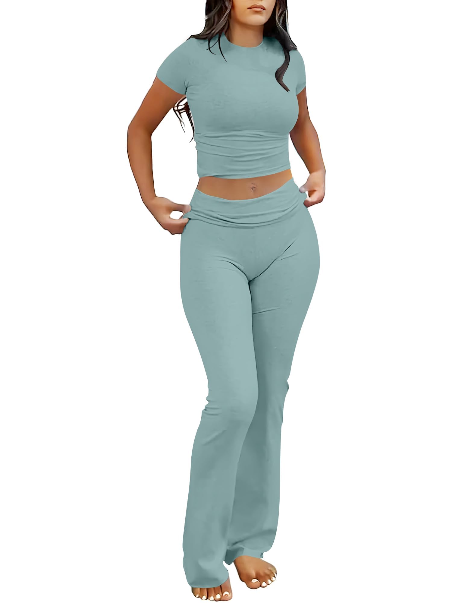 ANRABESS Lounge Sets for Women 2 Piece Foldover Yoga Flare Leggings Pants Crop Tops Casual Y2K Outfits Matching Tracksuit Set