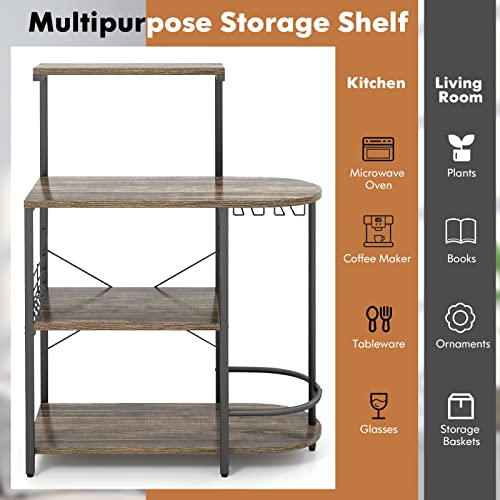 COSTWAY 4-Tier Kitchen Baker's Rack, Industrial Microwave Oven Stand with Detachable Top Shelf, Glass Holder, 6 S-Hooks and Adjustabel Foot Pads, Standing Coffee Bar Table Station, 90x42x124cm - Image 6